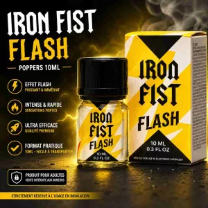 Flacon et boîte du poppers Iron Fist Flash 10ml au nitrite de pentyle, effet flash puissant et immédiat, format compact facile à transporter, produit adulte réservé à l'inhalation